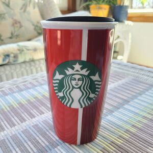 Starbucks Holiday Ceramic Tumbler Red Stripe Double Wall Travel 12 Oz Mug Cup